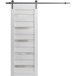 Sturdy Barn Door | Quadro 4445 White Silk with Frosted Glass | 6.6FT Silver Rail Hangers Heavy Hardware Set | Solid Panel Interior Doors
