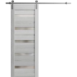 Sturdy Barn Door | Quadro 4445 Light Grey Oak with Frosted Glass | 6.6FT Silver Rail Hangers Heavy Hardware Set | Solid Panel Interior Doors