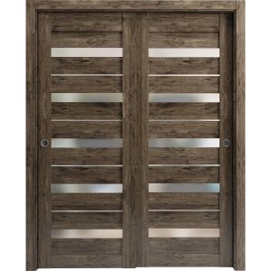 Sliding Closet Bypass Doors | Quadro 4445 Cognac Oak with Frosted Glass | Sturdy Rails Moldings Trims Hardware Set | Wood Solid Bedroom Wardrobe Doors 