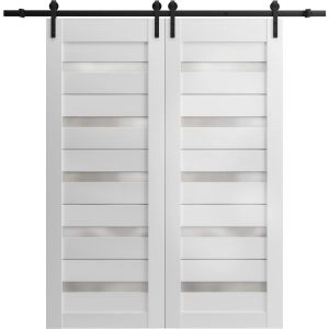 Sturdy Double Barn Door | Quadro 4445 White Silk with Frosted Glass | 13FT Rail Hangers Heavy Set | Solid Panel Interior Doors
