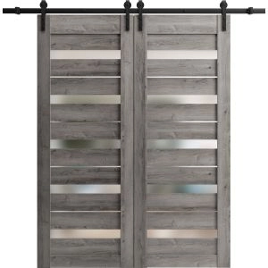 Sturdy Double Barn Door | Quadro 4445 Nebraska Grey with Frosted Glass | 13FT Rail Hangers Heavy Set | Solid Panel Interior Doors