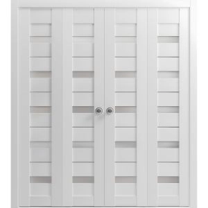 Sliding Closet Double Bi-fold Doors | Quadro 4445 White Silk with Frosted Glass | Sturdy Tracks Moldings Trims Hardware Set | Wood Solid Bedroom Wardrobe Doors 