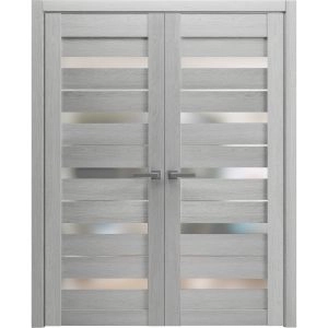 Solid French Double Doors | Quadro 4445 Light Grey Oak with Frosted Glass | Wood Solid Panel Frame Trims | Closet Bedroom Sturdy Doors 