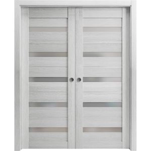 Sliding French Double Pocket Doors | Quadro 4445 Light Grey Oak with Frosted Glass | Kit Trims Rail Hardware | Solid Wood Interior Bedroom Sturdy Doors