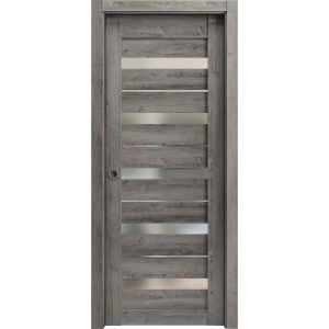 Sliding French Pocket Door | Quadro 4445 Nebraska Grey with Frosted Glass | Kit Trims Rail Hardware | Solid Wood Interior Bedroom Sturdy Doors