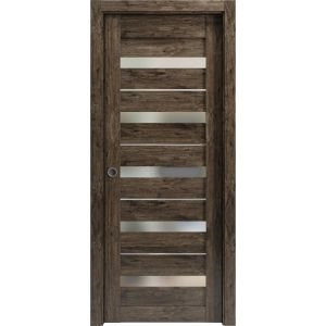 Sliding French Pocket Door | Quadro 4445 Cognac Oak with Frosted Glass | Kit Trims Rail Hardware | Solid Wood Interior Bedroom Sturdy Doors