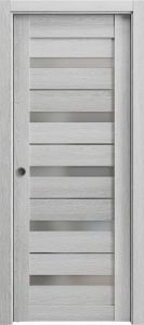 Sliding French Pocket Door with Frosted Glass | Quadro 4445 Light Grey Oak | Kit Trims Rail Hardware | Solid Wood Interior Bedroom Sturdy Doors-42" x 96"