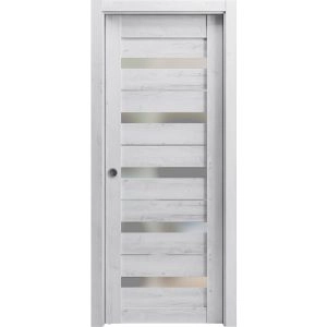 Sliding French Pocket Door | Quadro 4445 Nordic White with Frosted Glass | Kit Trims Rail Hardware | Solid Wood Interior Bedroom Sturdy Doors
