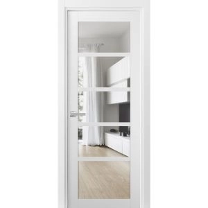 Solid Interior French | Quadro 4522 White Silk with Clear Glass | Single Regular Panel Frame Trims Handle | Bathroom Bedroom Sturdy Doors 