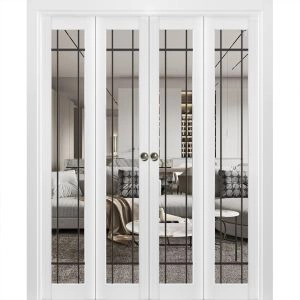 Sliding Closet Double Bi-fold Doors | Lucia 2266 White Silk with Clear Glass and Aluminum Strips | Sturdy Tracks Moldings Trims Hardware Set | Wood Solid Bedroom Wardrobe Doors