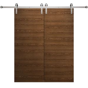 Modern Double Barn Door 36 x 80 inches | Ego 5000 Cognac Oak Veneer | 13FT Silver Rail Track Set | Solid Panel Interior Doors