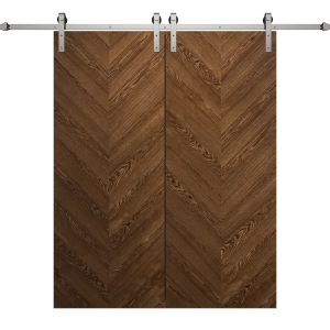 Modern Double Barn Door 36 x 80 inches | Ego 5005 Cognac Oak Veneer | 13FT Silver Rail Track Set | Solid Panel Interior Doors
