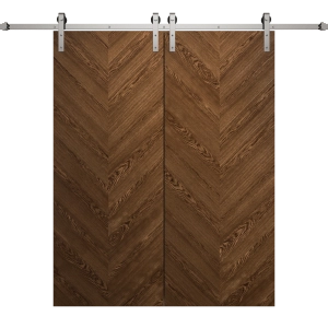Modern Double Barn Door 36 x 96 inches | Ego 5005 Cognac Oak Veneer | 13FT Silver Rail Track Set | Solid Panel Interior Doors