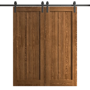 Modern Double Barn Door 36 x 80 inches | Ego 5006 Cognac Oak Veneer | 13FT Rail Track Set | Solid Panel Interior Doors