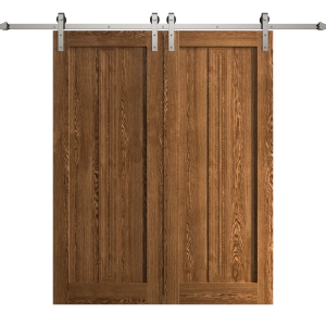 Modern Double Barn Door 56 x 80 inches | Ego 5006 Cognac Oak Veneer | 13FT Silver Rail Track Set | Solid Panel Interior Doors