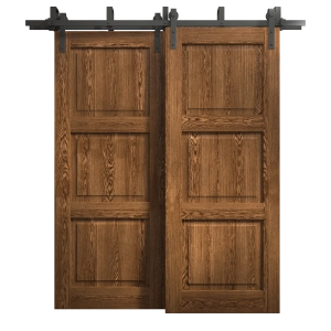 Sliding Closet Barn Bypass Doors 84 x 84 inches | Ego 5010 Cognac Oak Veneer | Modern 8ft Rails Hardware Set | Wood Solid Bedroom Wardrobe Doors