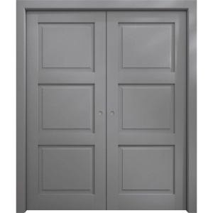 Sliding French Double Pocket Doors 36 x 80 inches | Ego 5010 Painted Grey Oak | Kit Rail Hardware | Solid Wood Interior Bedroom Modern Doors