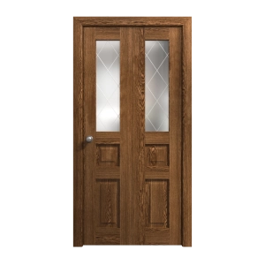 Sliding Closet Bi-fold Doors 36 x 84 inches | Ego 5011 Cognac Oak Veneer | Sturdy Tracks Moldings Trims Hardware Set | Wood Solid Bedroom Wardrobe Doors