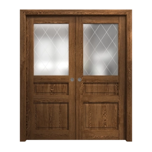 Sliding French Double Pocket Doors 84 x 80 inches | Ego 5011 Cognac Oak Veneer | Kit Rail Hardware | Solid Wood Interior Bedroom Modern Doors