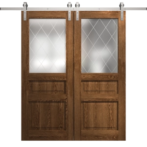 Modern Double Barn Door 36 x 80 inches | Ego 5011 Cognac Oak Veneer | 13FT Silver Rail Track Set | Solid Panel Interior Doors