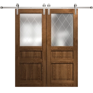 Modern Double Barn Door 56 x 80 inches | Ego 5011 Cognac Oak Veneer | 13FT Silver Rail Track Set | Solid Panel Interior Doors