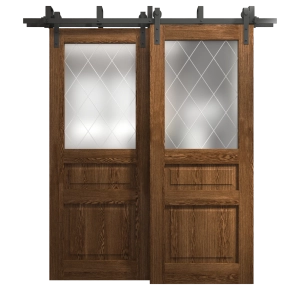 Sliding Closet Barn Bypass Doors 60 x 84 inches | Ego 5011 Cognac Oak Veneer | Modern 6.6ft Rails Hardware Set | Wood Solid Bedroom Wardrobe Doors