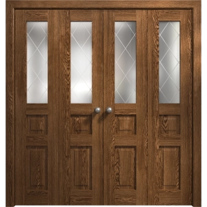 Sliding Closet Double Bi-fold Doors 72 x 80 inches | Ego 5011 Cognac Oak Veneer | Sturdy Tracks Moldings Trims Hardware Set | Wood Solid Bedroom Wardrobe Doors