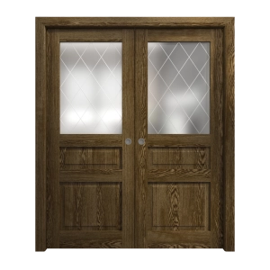 Sliding French Double Pocket Doors 56 x 80 inches | Ego 5011 Marble Oak | Kit Rail Hardware | Solid Wood Interior Bedroom Modern Doors