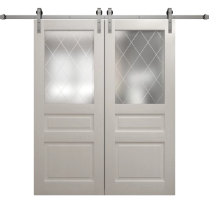 Modern Double Barn Door 56 x 80 inches | Ego 5011 Painted White Oak | 13FT Silver Rail Track Set | Solid Panel Interior Doors