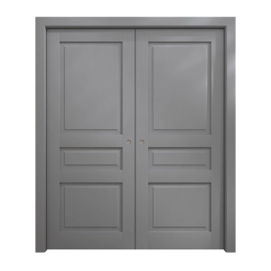 Sliding French Double Pocket Doors 56 x 80 inches | Ego 5012 Painted Grey Oak | Kit Rail Hardware | Solid Wood Interior Bedroom Modern Doors