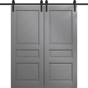 Modern Double Barn Door 36 x 80 inches | Ego 5012 Painted Grey Oak | 13FT Rail Track Set | Solid Panel Interior Doors