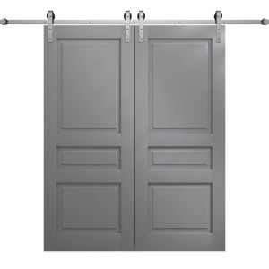 Modern Double Barn Door 56 x 80 inches | Ego 5012 Painted Grey Oak | 13FT Silver Rail Track Set | Solid Panel Interior Doors