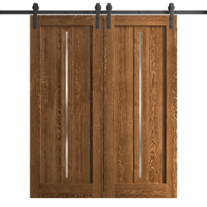 Modern Double Barn Door 36 x 80 inches | Ego 5014 Cognac Oak Veneer | 13FT Rail Track Set | Solid Panel Interior Doors