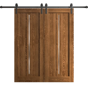 Modern Double Barn Door 60 x 84 inches | Ego 5014 Cognac Oak Veneer | 13FT Rail Track Set | Solid Panel Interior Doors