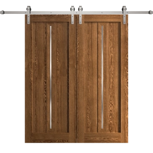 Modern Double Barn Door 60 x 96 inches | Ego 5014 Cognac Oak Veneer | 13FT Silver Rail Track Set | Solid Panel Interior Doors