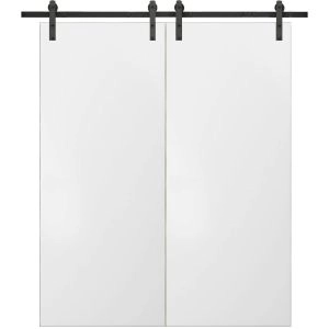 Planum 0010 Modern Interior Solid Wood Flush Closet Double Barn Doors White Silk with Track 13FT Rail Hardware Set