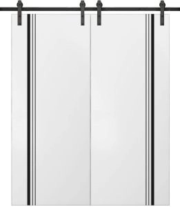 Sturdy Double Barn Door with Hardware | Planum 0011 White Silk and Aluminum Strips | 13FT Rail Hangers Heavy Set | Modern Solid Panel Interior Doors