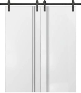 Sturdy Double Barn Door with Hardware | Planum 0016 White Silk and Aluminum Strips | 13FT Rail Hangers Heavy Set | Modern Solid Panel Interior Doors