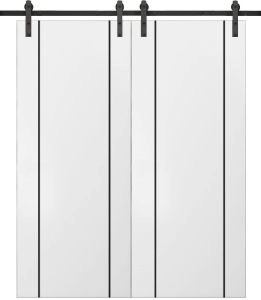 Sturdy Double Barn Door with Hardware | Planum 0017 White Silk and Aluminum Strips | 13FT Rail Hangers Heavy Set | Modern Solid Panel Interior Doors-36" x 80" (2* 18x80)