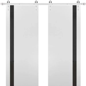 Sturdy Double Barn Door with | Planum 0040 White Silk with Black Glass | 13FT Rail Hangers Heavy Set | Solid Panel Interior Doors-36" x 84" (2* 18x84)