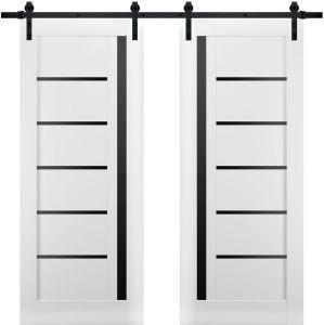 Sturdy Double Barn Door | Quadro 4588 White Silk with Black Glass | 13FT Rail Hangers Heavy Set | Solid Panel Interior Doors