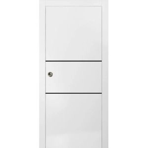 Sliding French Pocket Door with | Planum 0014 White Silk and Aluminum Strips | Kit Trims Rail Hardware | Solid Wood Interior Bedroom Sturdy Doors