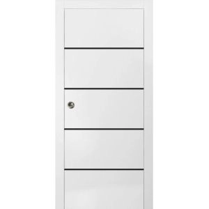 Sliding French Pocket Door with | Planum 0015 White Silk and Aluminum Strips | Kit Trims Rail Hardware | Solid Wood Interior Bedroom Sturdy Doors