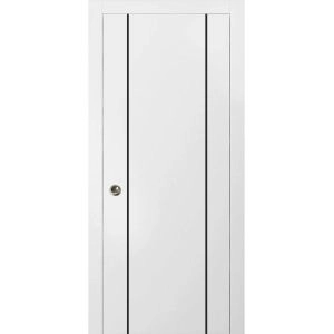 Sliding French Pocket Door with | Planum 0017 White Silk and Aluminum Strips | Kit Trims Rail Hardware | Solid Wood Interior Bedroom Sturdy Doors-18" x 80"