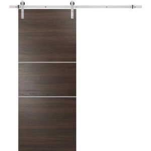 Sturdy Barn Door with Hardware | Planum 0110 Chocolate Ash and Aluminum Strips | 6.6FT Rail Hangers Heavy Set | Modern Solid Panel Interior Doors