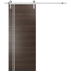 Sturdy Barn Door with Hardware | Planum 0310 Chocolate Ash and Aluminum Strips | 6.6FT Rail Hangers Heavy Set | Modern Solid Panel Interior Doors