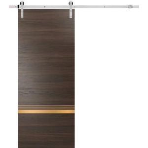 Sturdy Barn Door with Hardware | Planum 2010 Chocolate Ash and Aluminum Strips | 6.6FT Rail Hangers Heavy Set | Modern Solid Panel Interior Doors