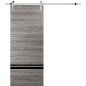 Sturdy Barn Door with Hardware | Planum 0012 Ginger Ash and Aluminum Strips | 6.6FT Rail Hangers Heavy Set | Modern Solid Panel Interior Doors