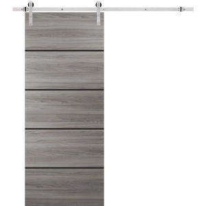 Sturdy Barn Door with Hardware | Planum 0015 Ginger Ash and Aluminum Strips | 6.6FT Rail Hangers Heavy Set | Modern Solid Panel Interior Doors