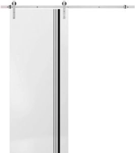 Sturdy Barn Door with Hardware | Planum 0011 White Silk and Aluminum Strips | 6.6FT Rail Hangers Heavy Set | Modern Solid Panel Interior Doors